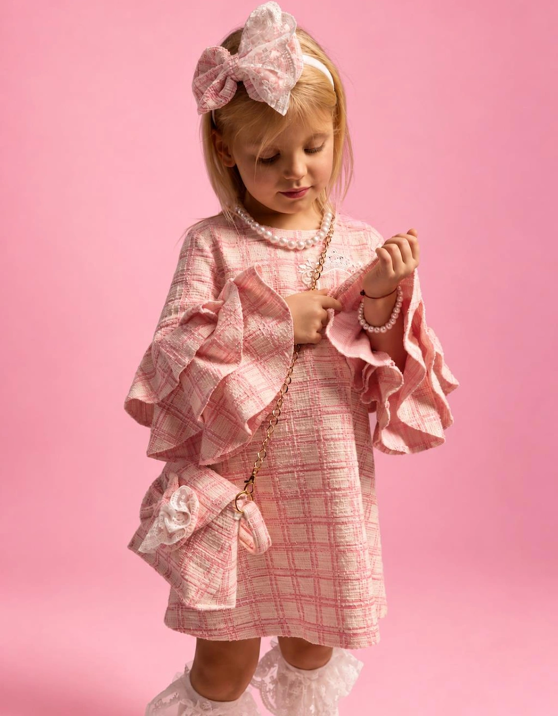 Girls Peach Pink Tweed Frill Sleeve Dress