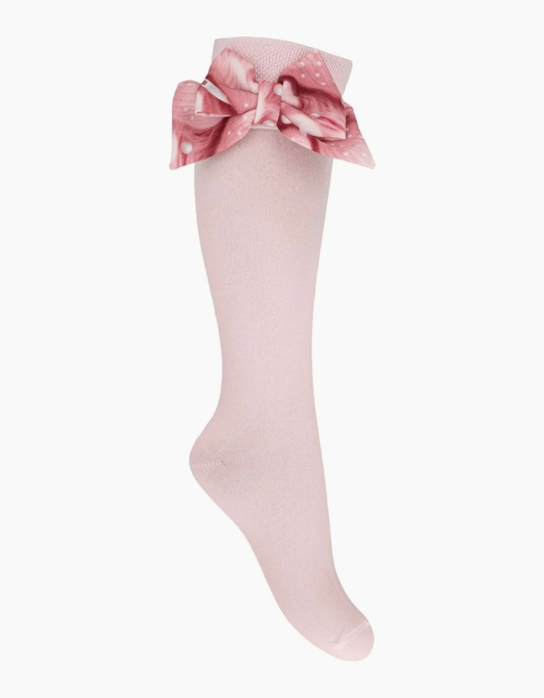 Girls Pale Pink Heart Bow Knee Socks