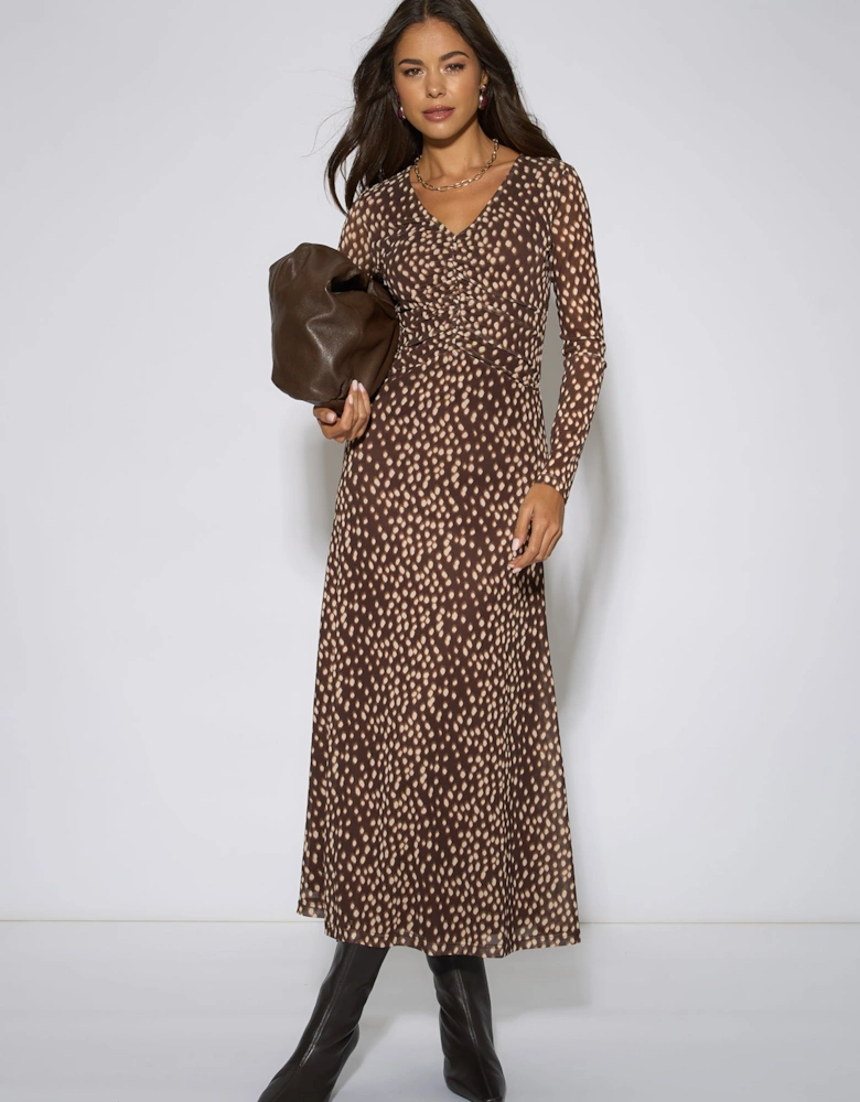 Brown Animal Mesh Ruched Front Midaxi Dress
