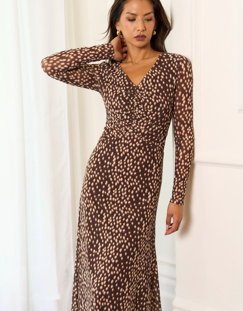 Brown Animal Mesh Ruched Front Midaxi Dress