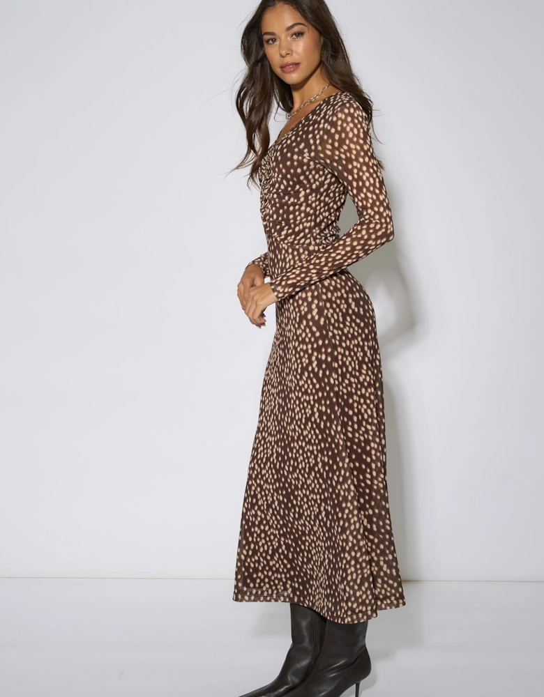 Brown Animal Mesh Ruched Front Midaxi Dress