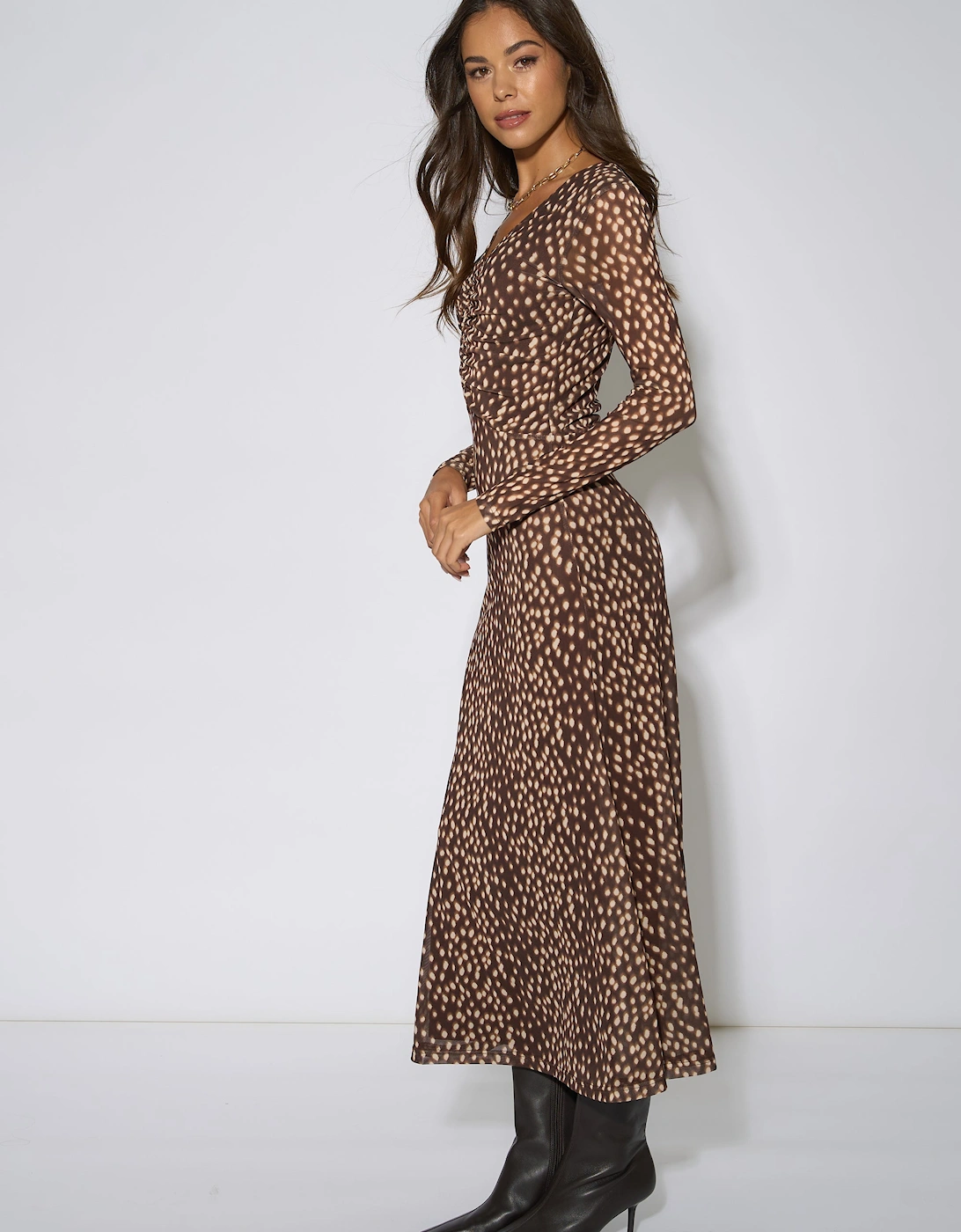 Brown Animal Mesh Ruched Front Midaxi Dress