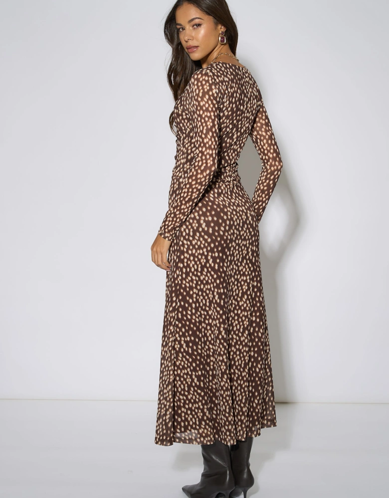 Brown Animal Mesh Ruched Front Midaxi Dress