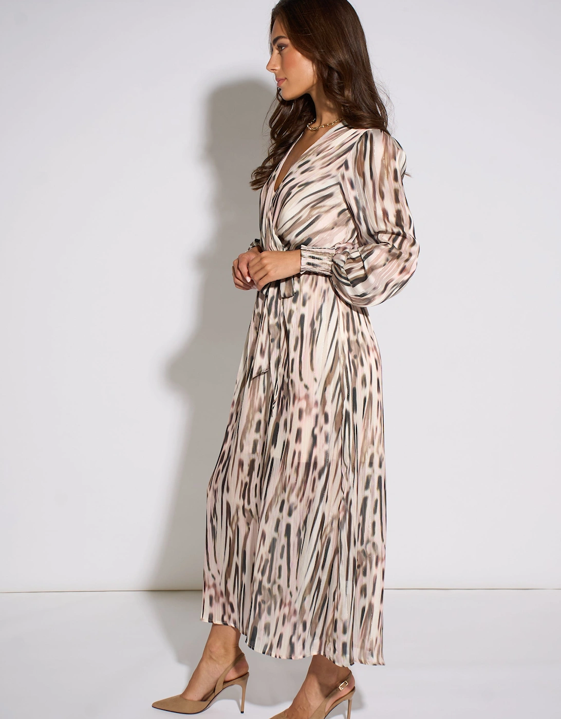 Off White Animal Print Sparkle Wrap Front Midi Dress