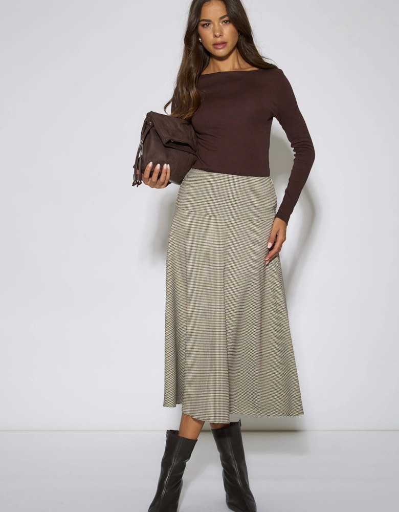 Brown Dog Tooth A Line Midi Skirt