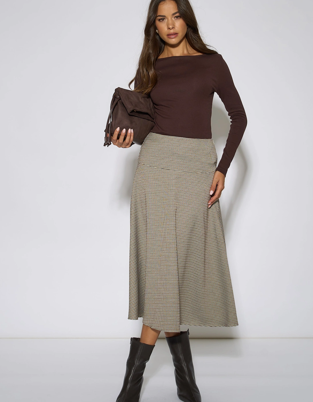 Brown Dog Tooth A Line Midi Skirt