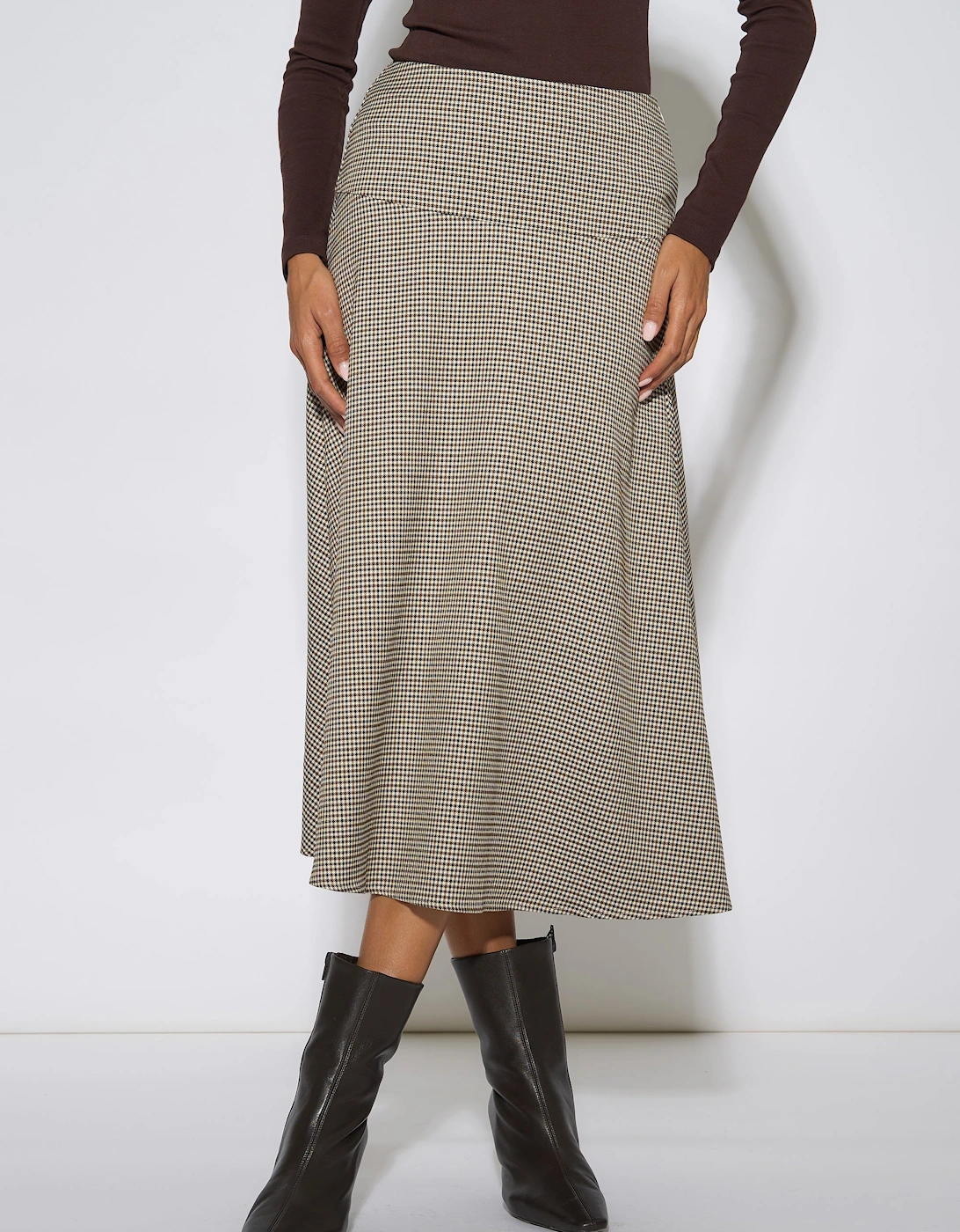 Brown Dog Tooth A Line Midi Skirt