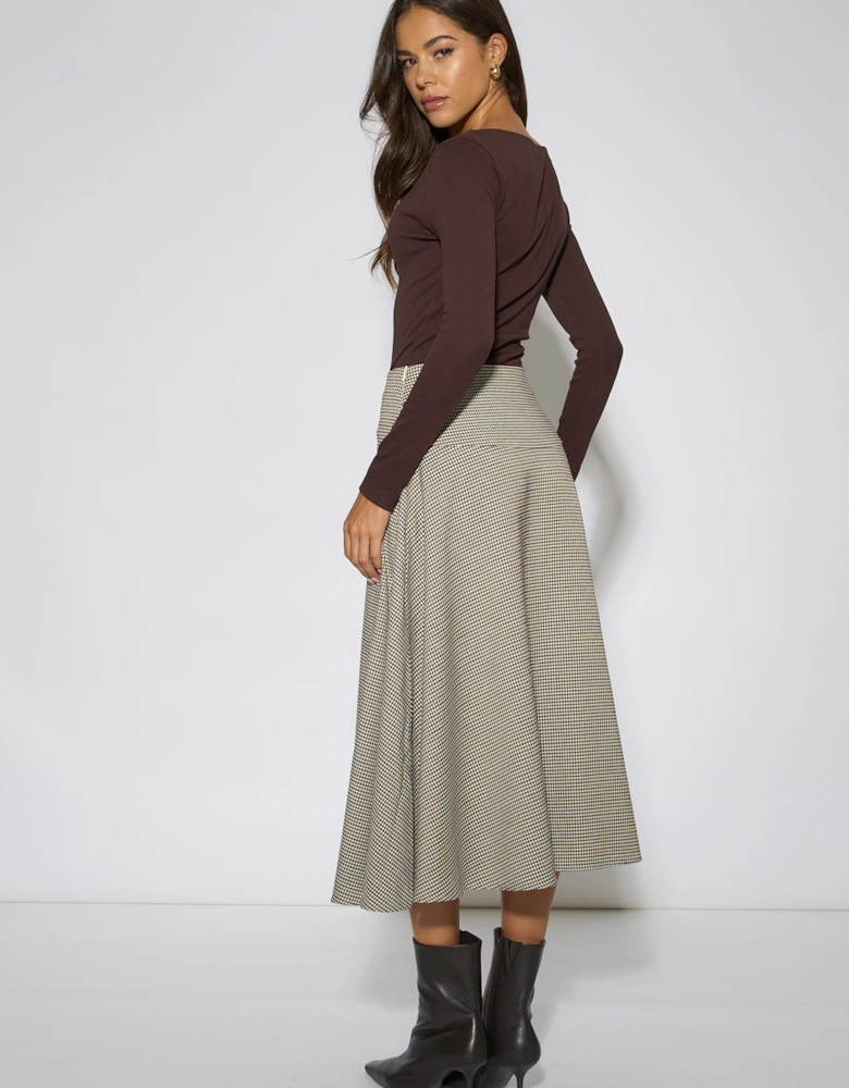 Brown Dog Tooth A Line Midi Skirt