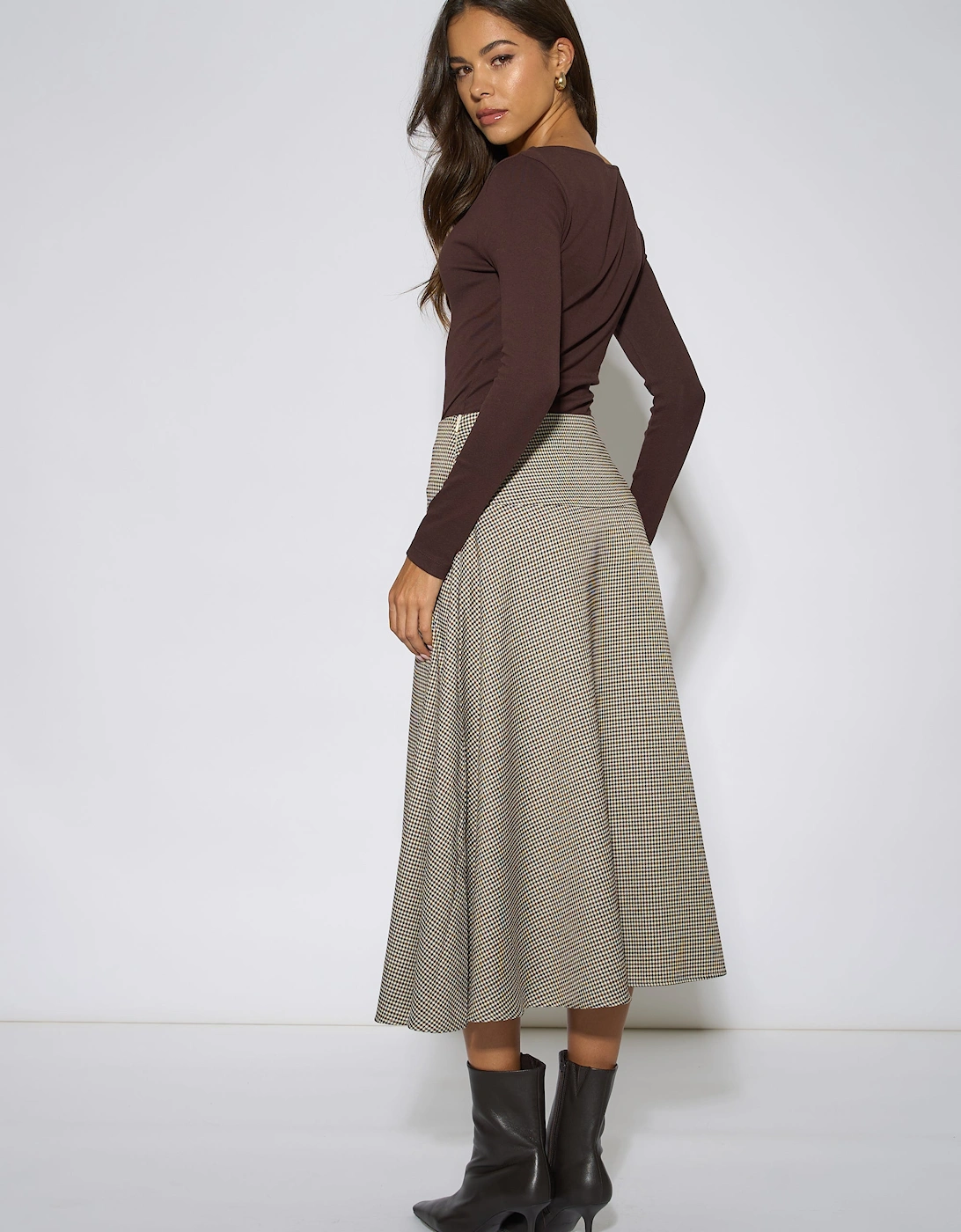 Brown Dog Tooth A Line Midi Skirt