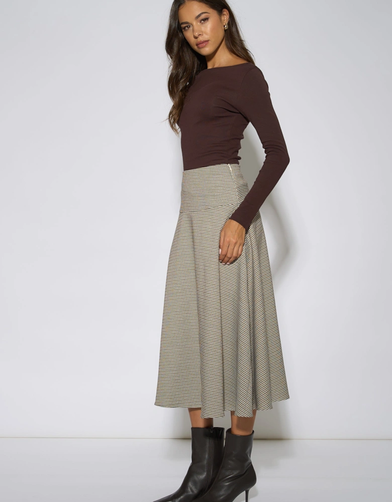Brown Dog Tooth A Line Midi Skirt