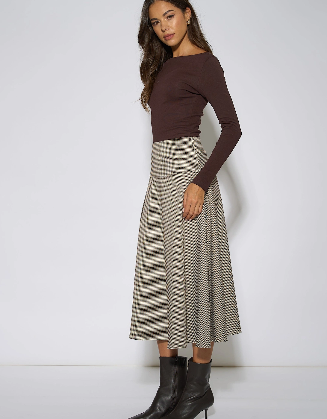 Brown Dog Tooth A Line Midi Skirt
