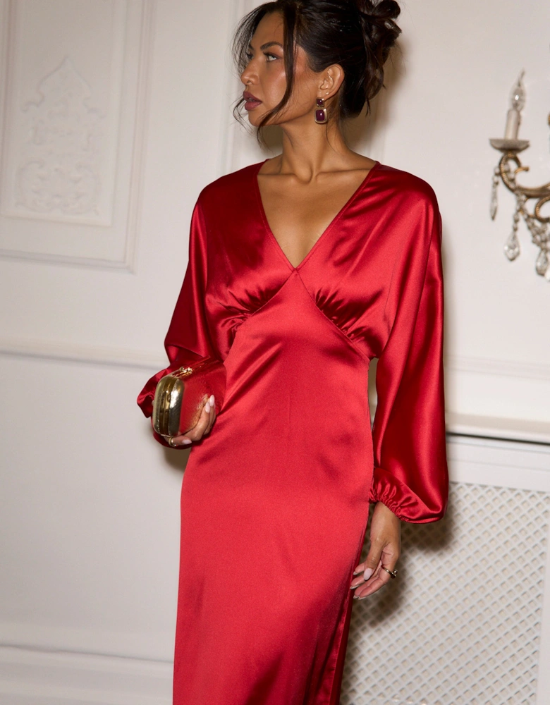 Red V Neck Batwing Blouson Sleeves Satin Midaxi Dress