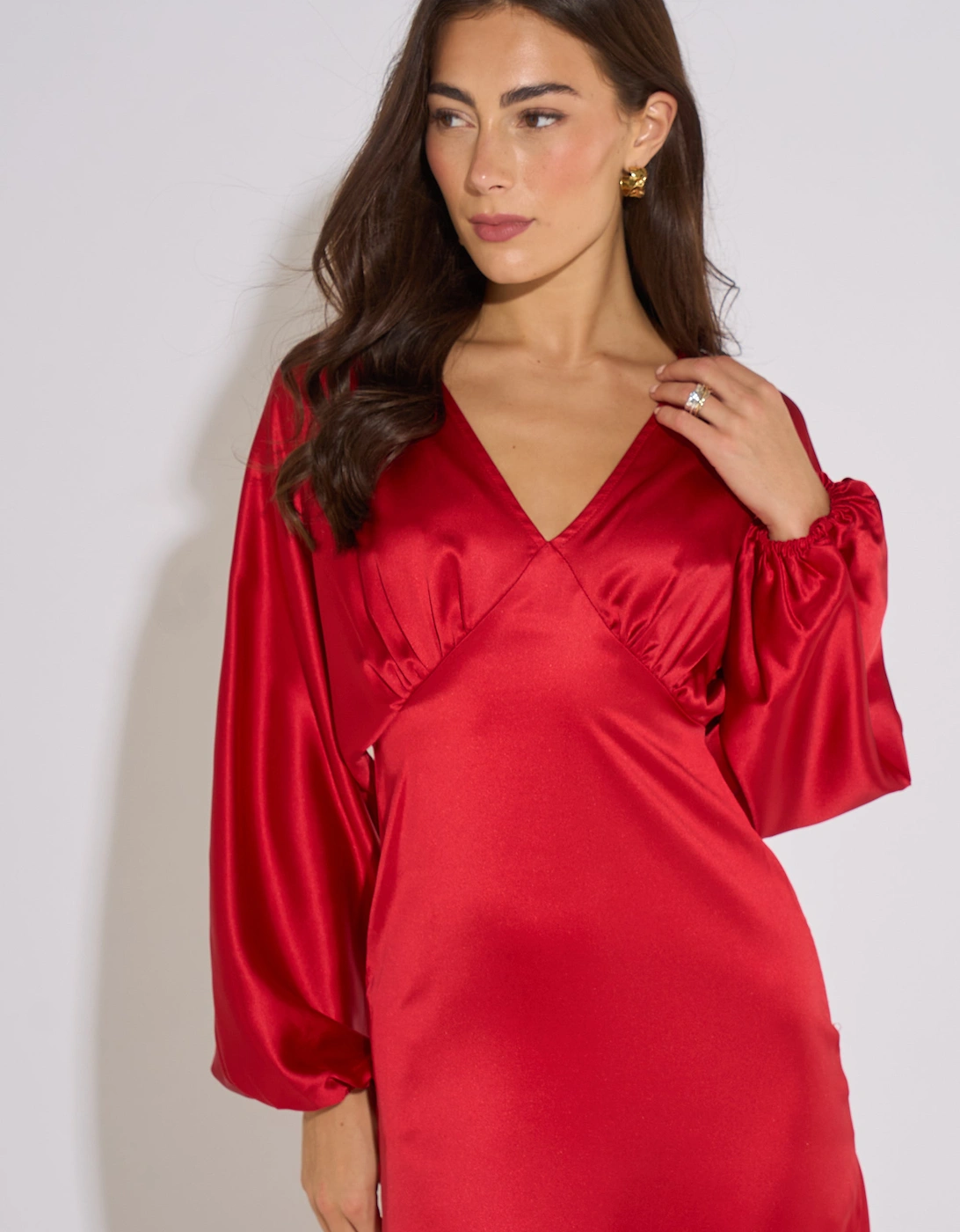 Red V Neck Batwing Blouson Sleeves Satin Midaxi Dress