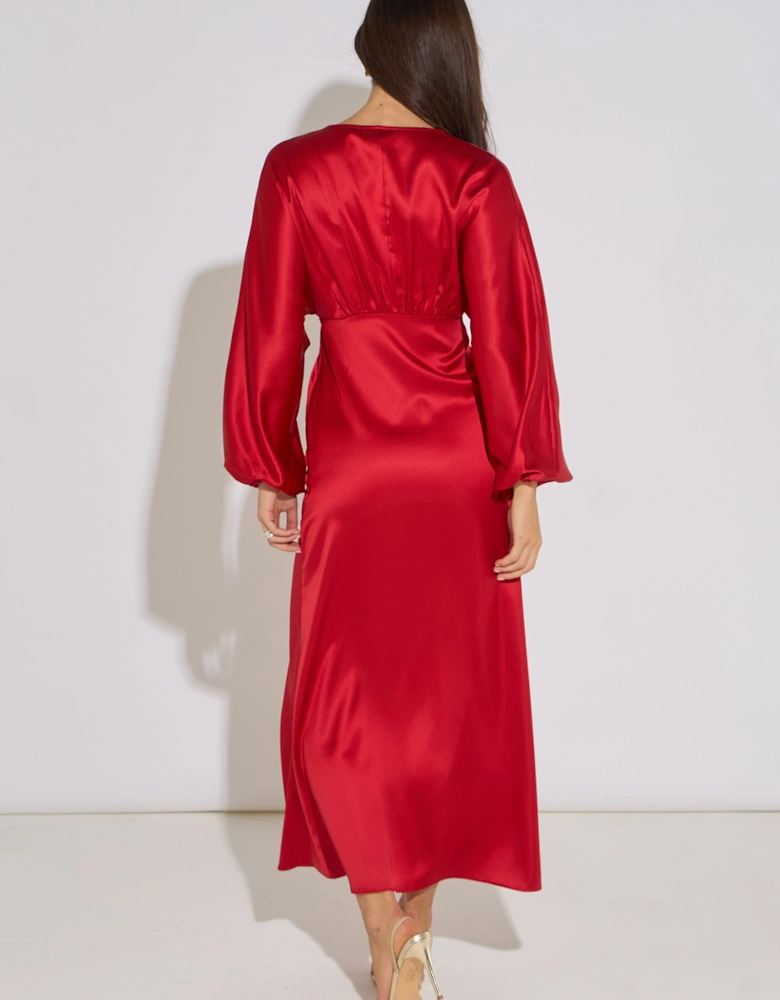 Red V Neck Batwing Blouson Sleeves Satin Midaxi Dress