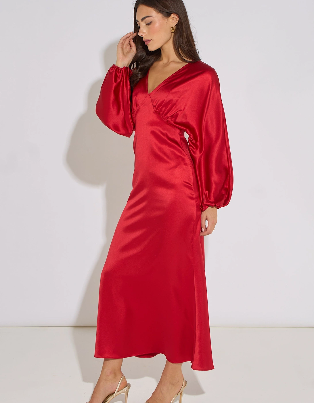 Red V Neck Batwing Blouson Sleeves Satin Midaxi Dress