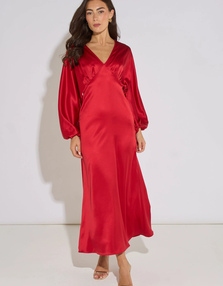 Red V Neck Batwing Blouson Sleeves Satin Midaxi Dress