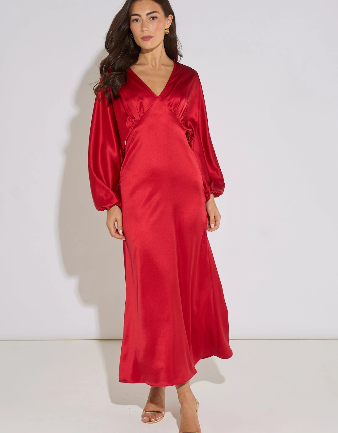 Red V Neck Batwing Blouson Sleeves Satin Midaxi Dress