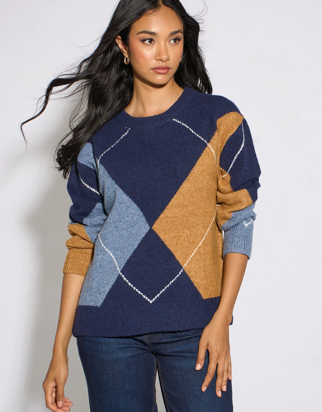 Gini London Women's Navy Argyle Long Sleeve Jumper - Blue - Size: S-M uk 8-10/us 4-6/eu 36-38