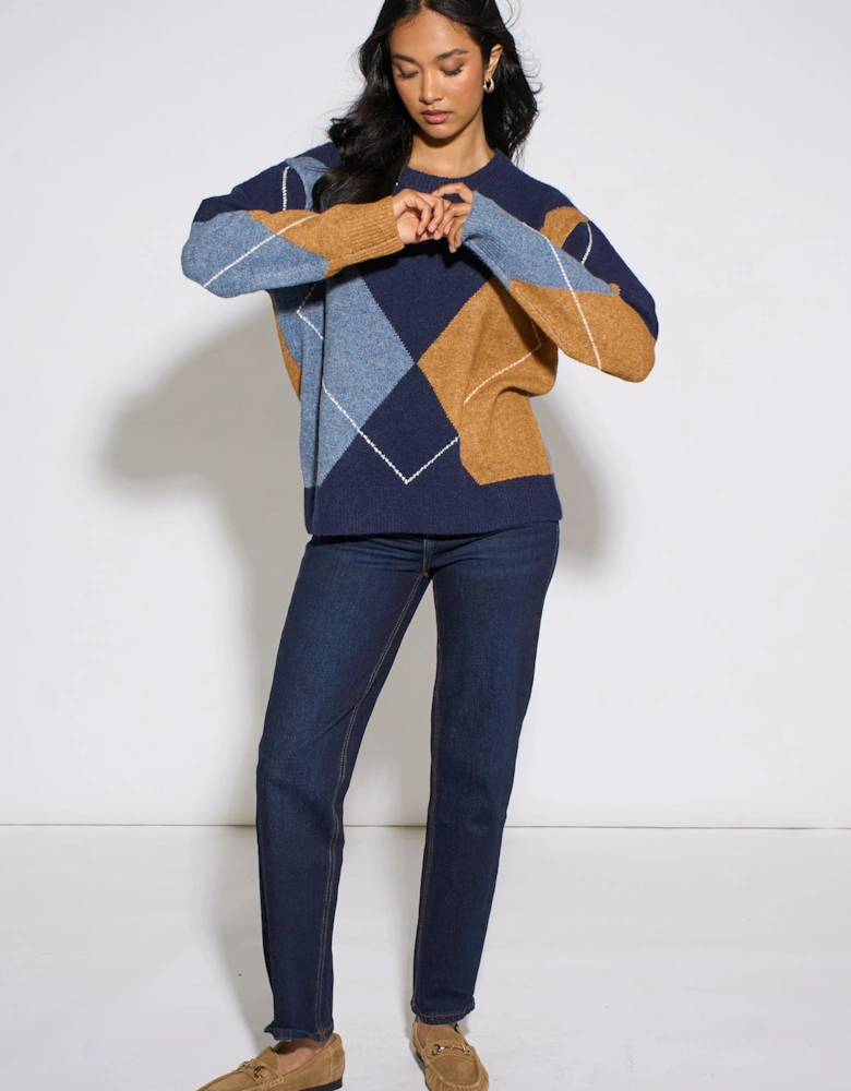 Navy Argyle Long Sleeve Jumper
