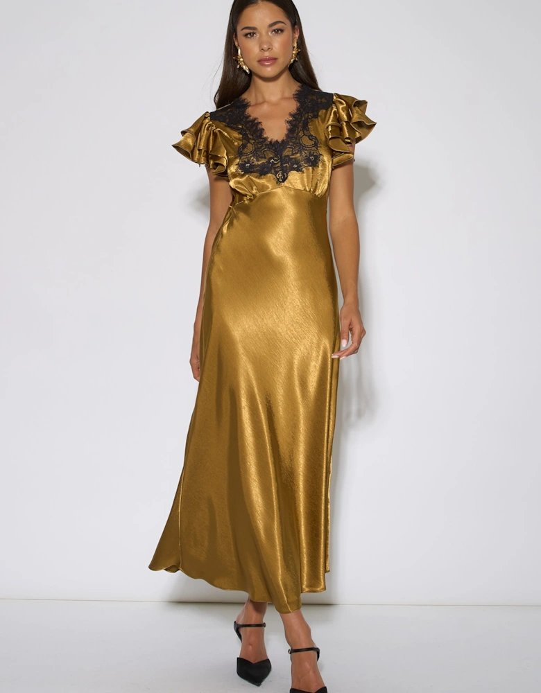 Gold Contrast Lace Satin Midi Dress
