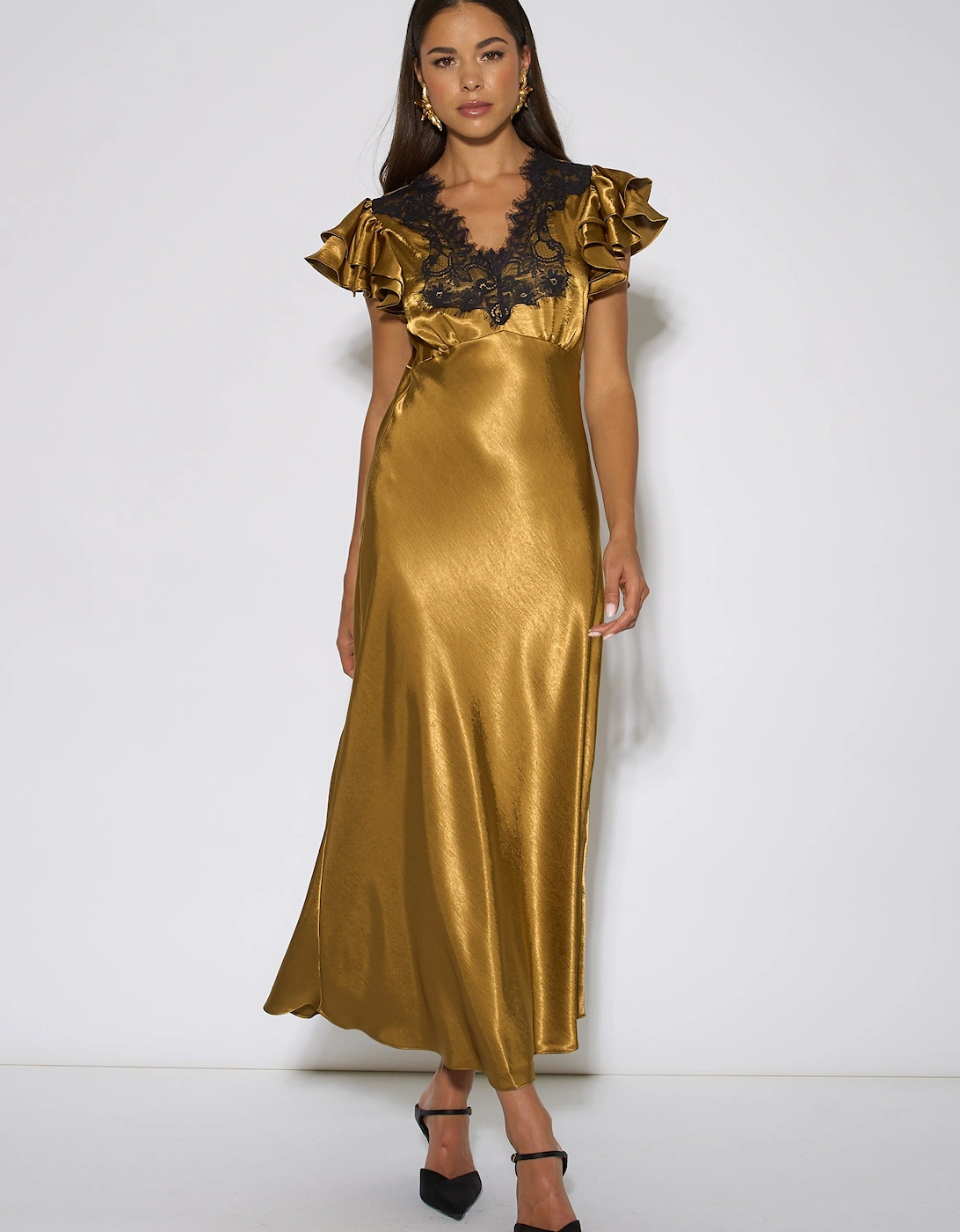 Gold Contrast Lace Satin Midi Dress