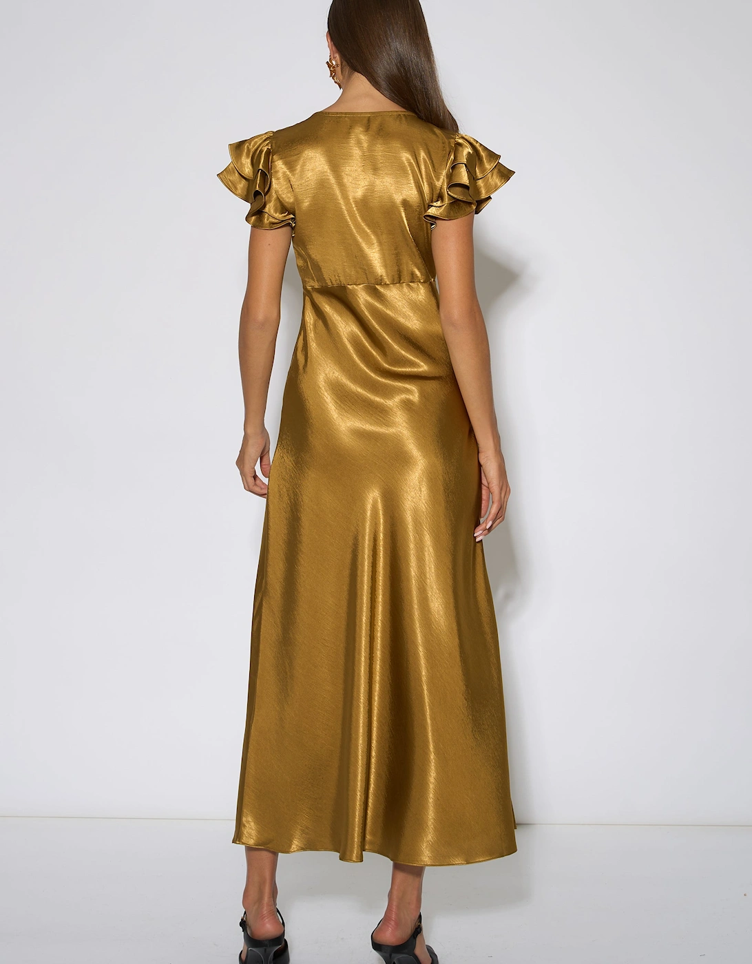 Gold Contrast Lace Satin Midi Dress