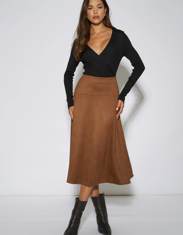 Tan Suede A Line Midi Skirt