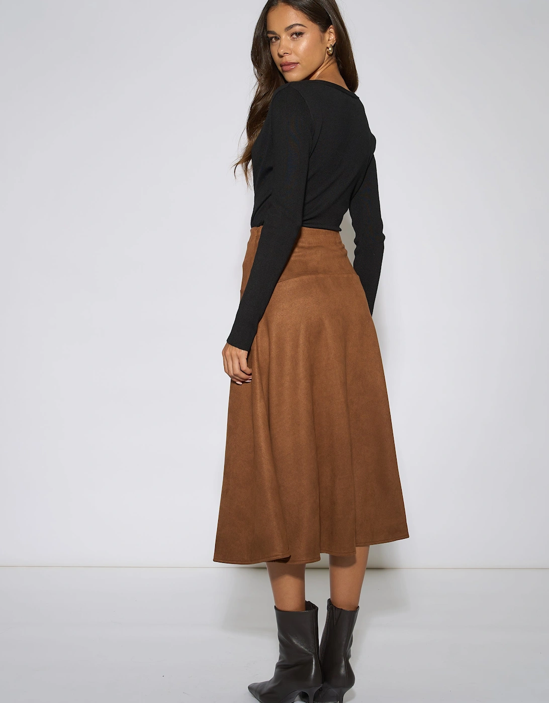 Tan Suede A Line Midi Skirt