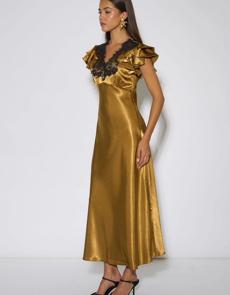 Gold Contrast Lace Satin Midi Dress