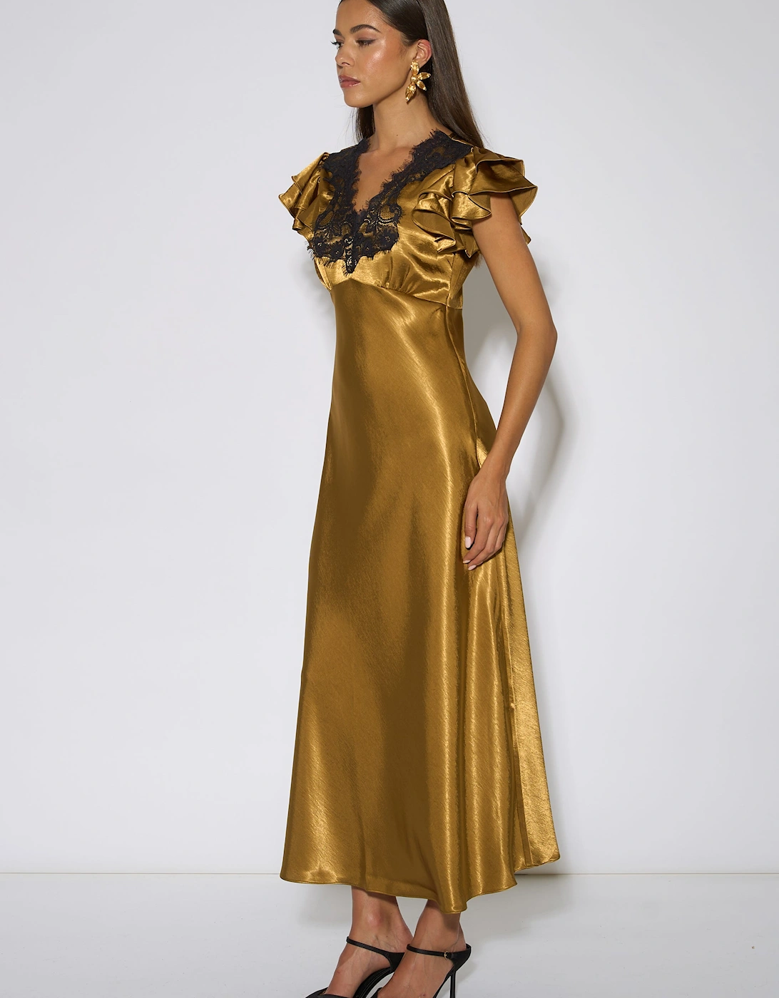 Gold Contrast Lace Satin Midi Dress
