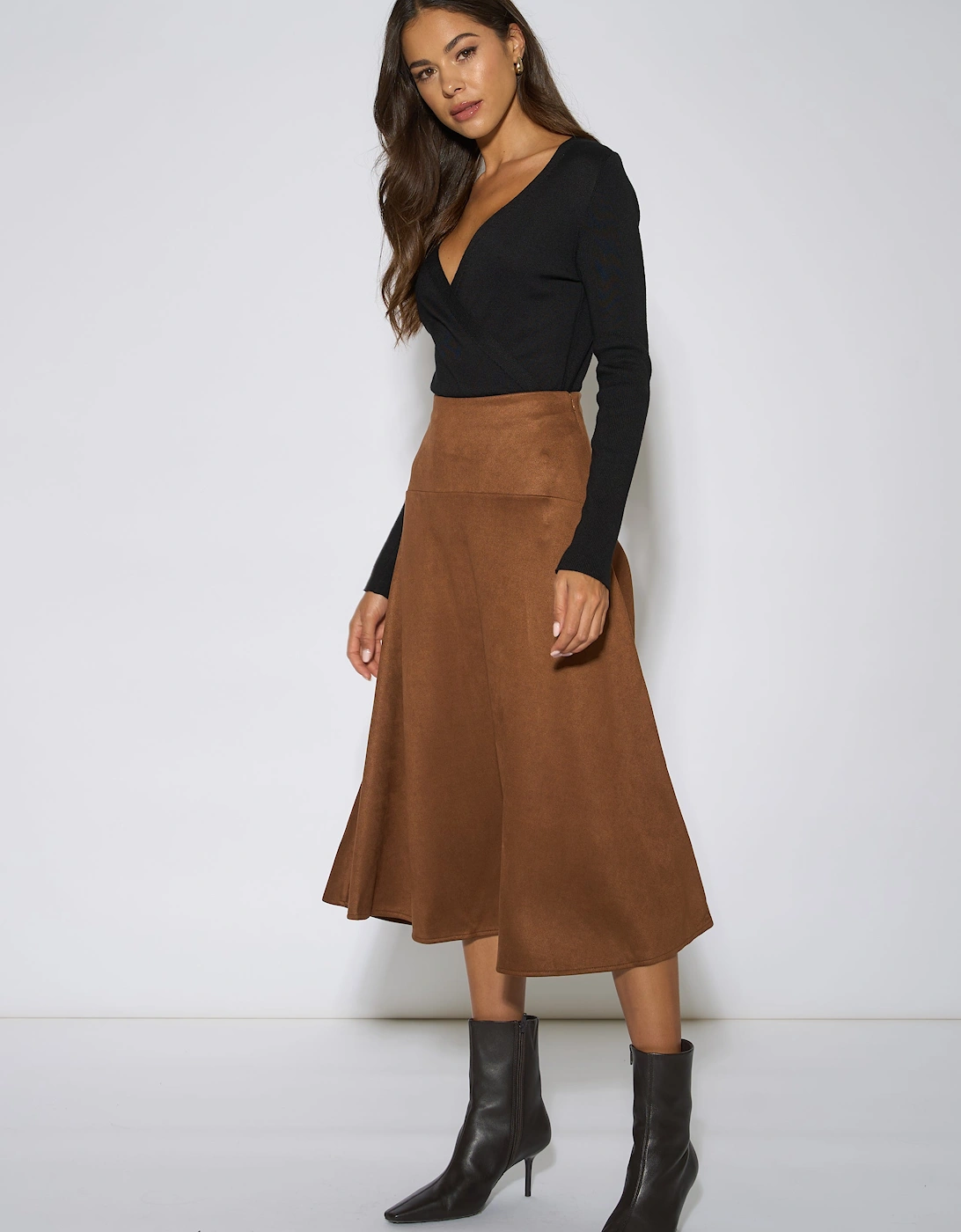 Tan Suede A Line Midi Skirt