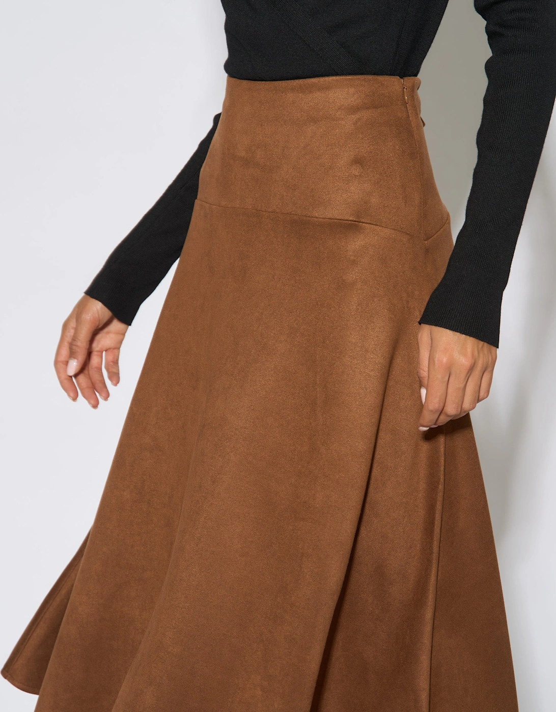 Tan Suede A Line Midi Skirt