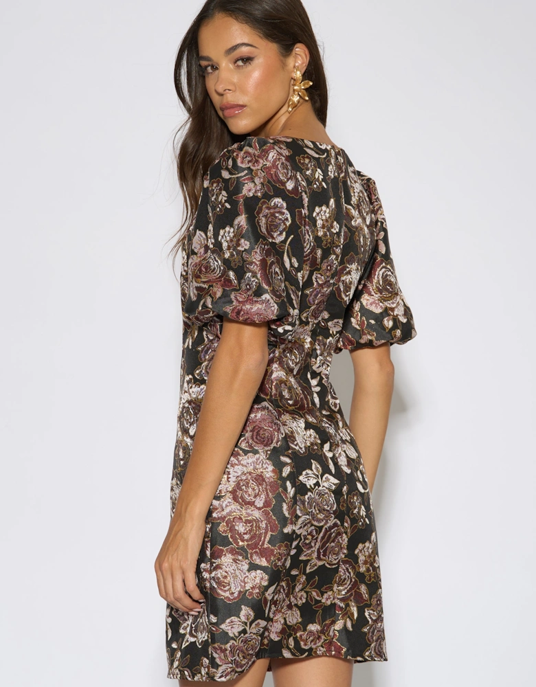 Black Floral Jacquard Puff Sleeves Mini Dress