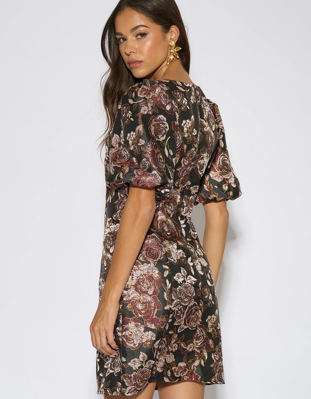 Black Floral Jacquard Puff Sleeves Mini Dress