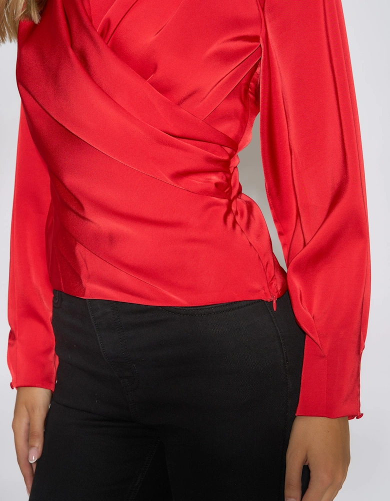 Red Satin Pleat Shoulder Wrap Top