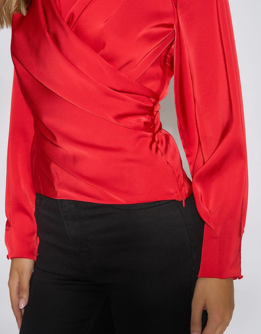 Red Satin Pleat Shoulder Wrap Top