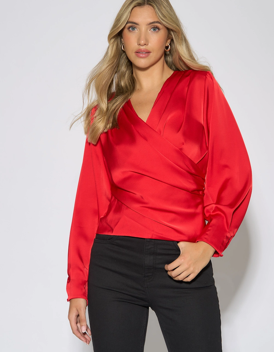Red Satin Pleat Shoulder Wrap Top