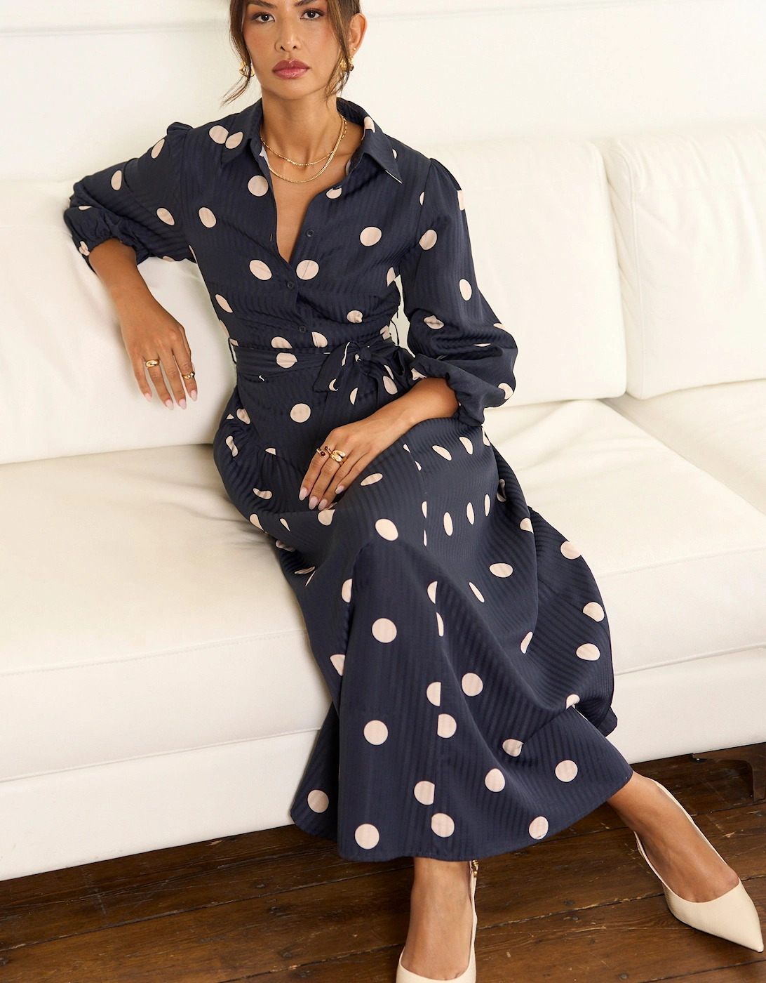 Navy Spot Jacquard Fit And Flare Dress