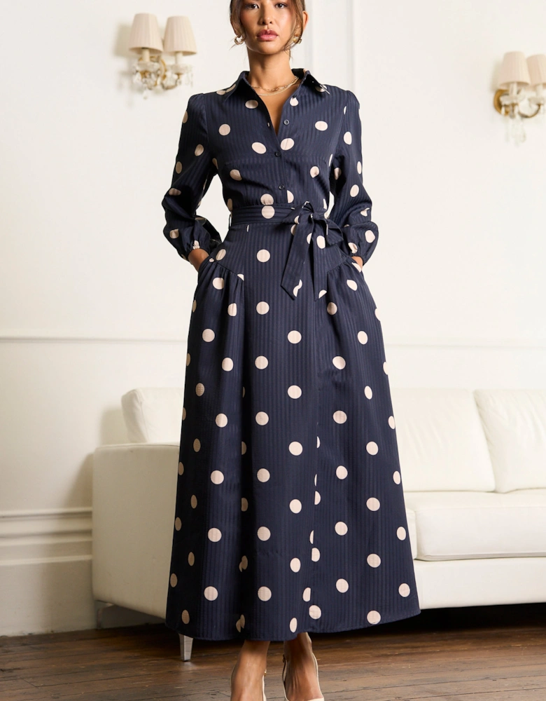 Navy Spot Jacquard Fit And Flare Dress