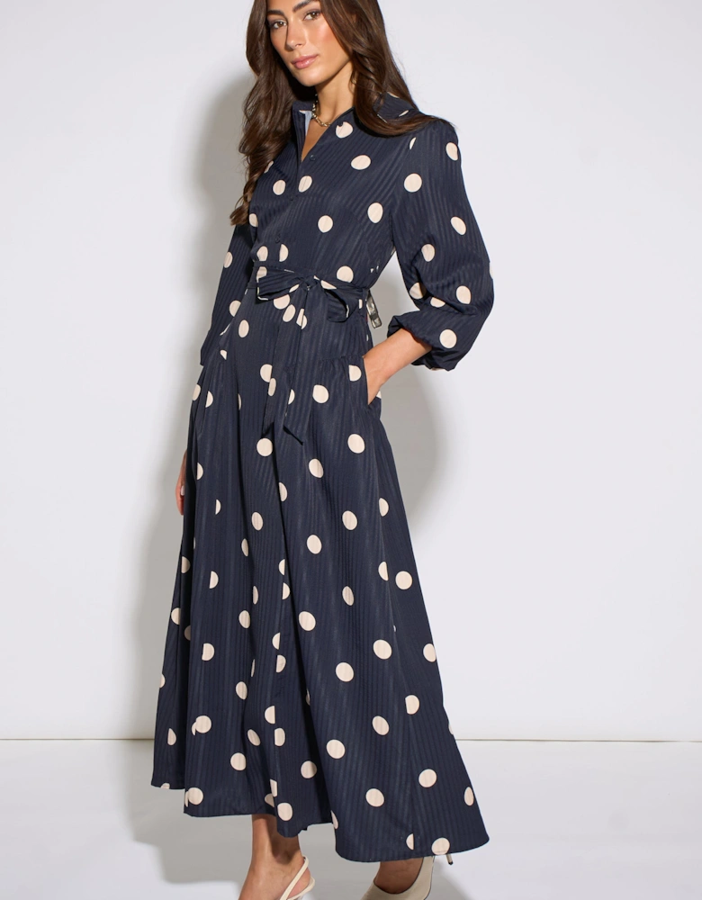 Navy Spot Jacquard Fit And Flare Dress