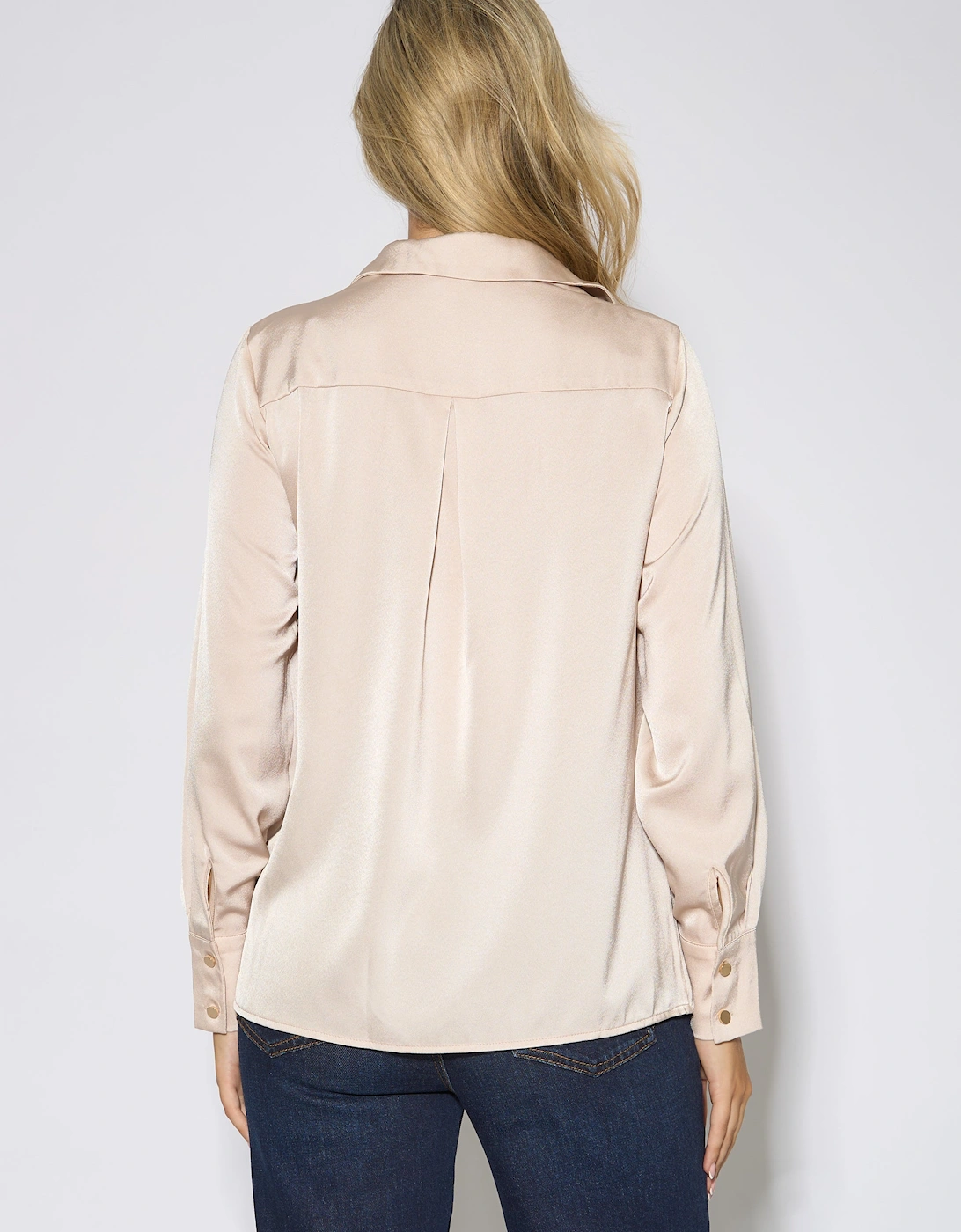 Champagne Lace Trim Neckline Long-Sleeve Shirt