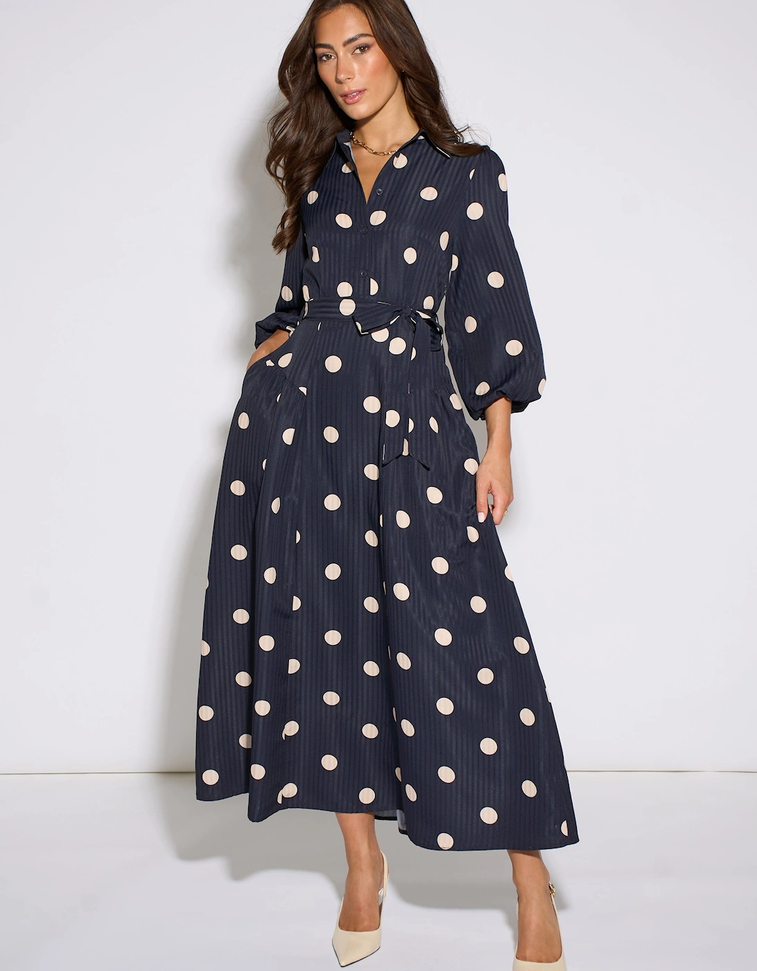 Navy Spot Jacquard Fit And Flare Dress