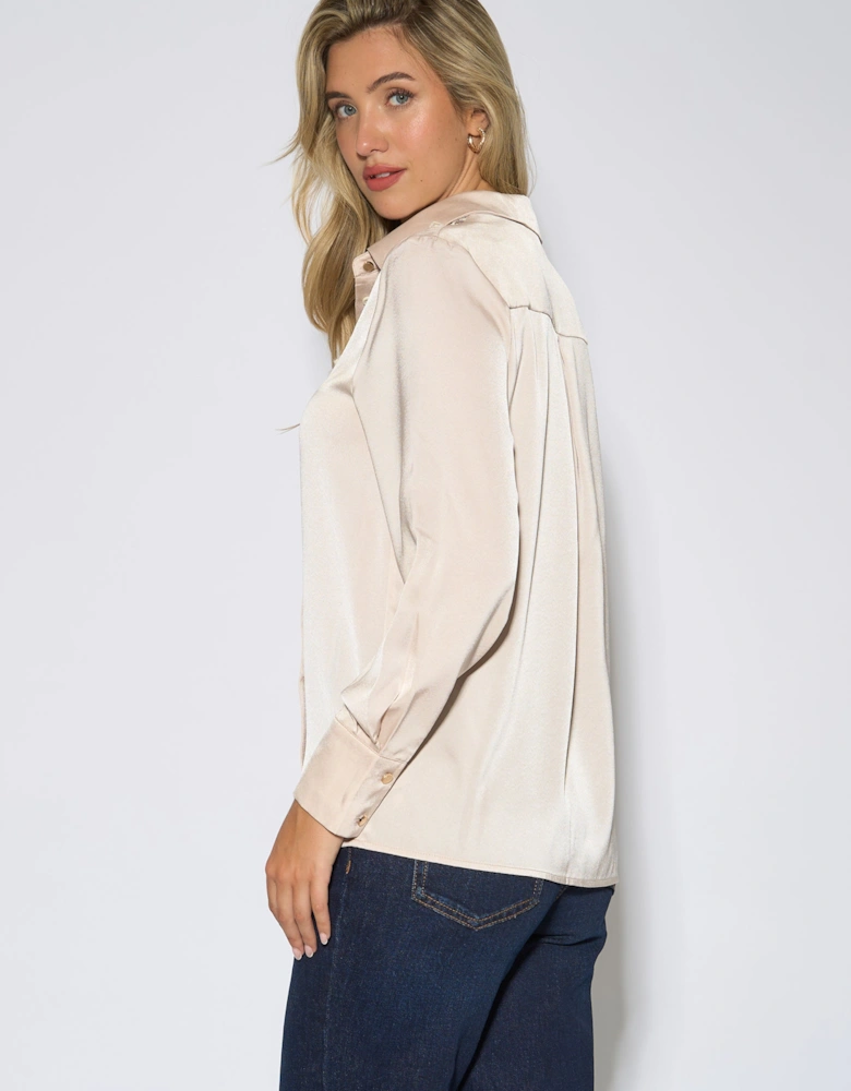 Champagne Lace Trim Neckline Long-Sleeve Shirt