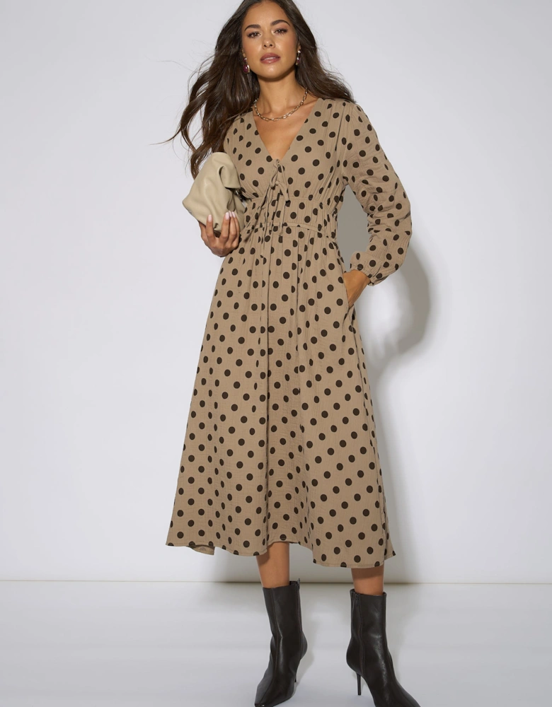 Beige Cotton Spot Skater Midi Dress