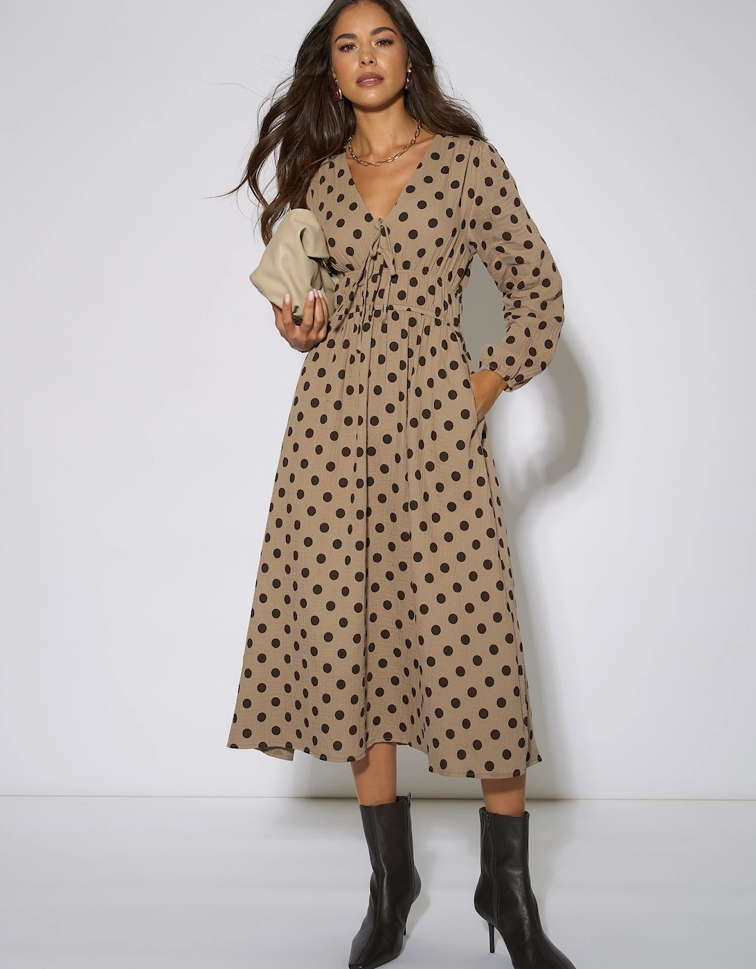 Beige Cotton Spot Skater Midi Dress