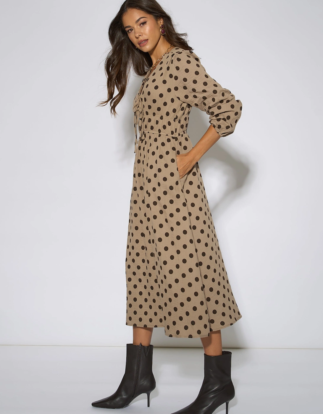 Beige Cotton Spot Skater Midi Dress