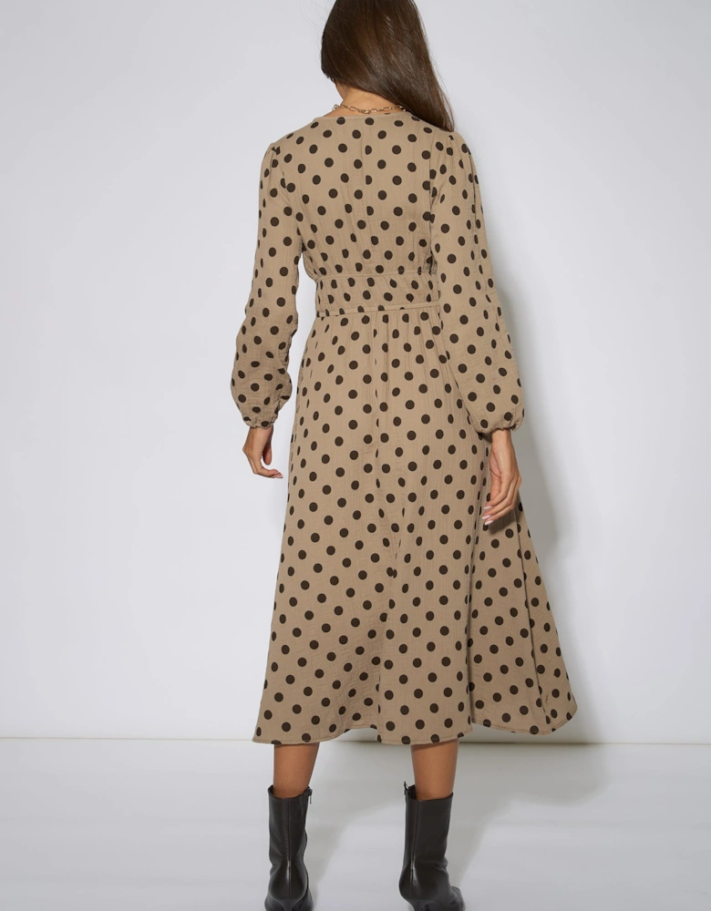 Beige Cotton Spot Skater Midi Dress
