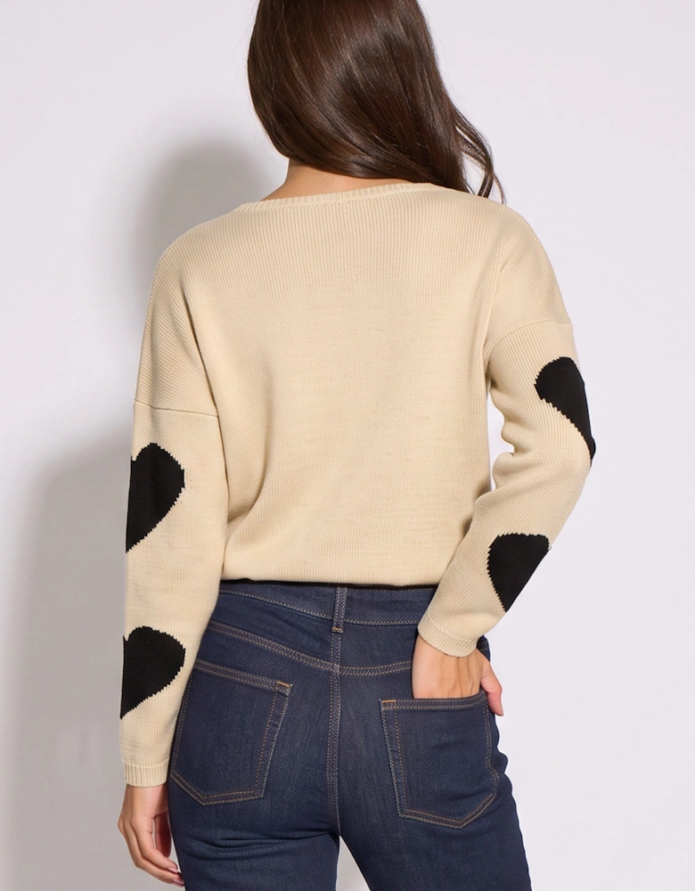 Beige V Neck Oversized Heart Knit Jumper