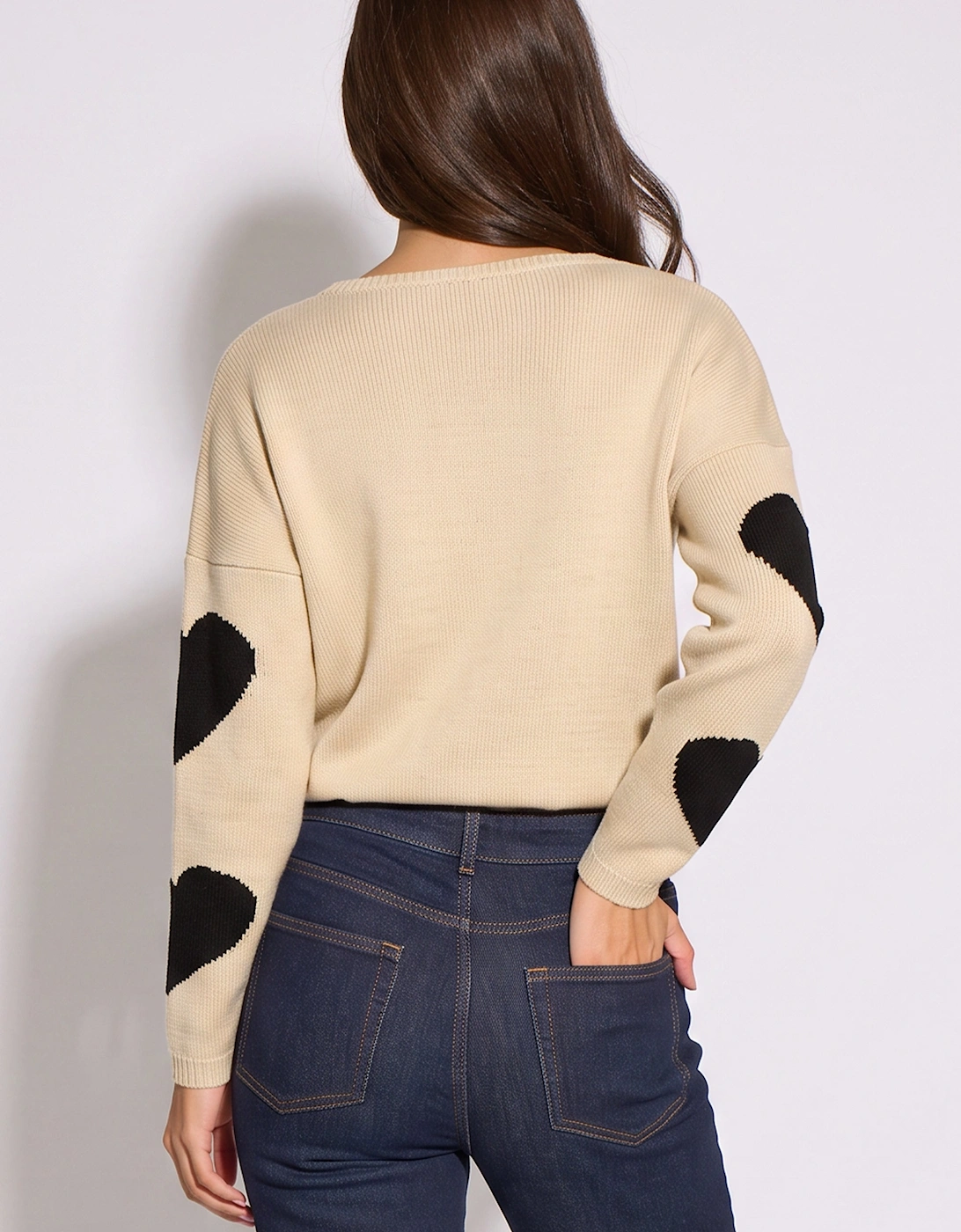 Beige V Neck Oversized Heart Knit Jumper