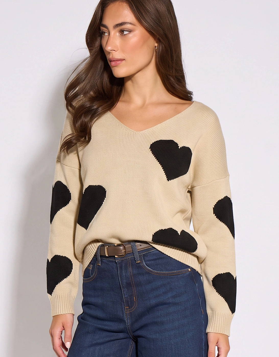 Beige V Neck Oversized Heart Knit Jumper